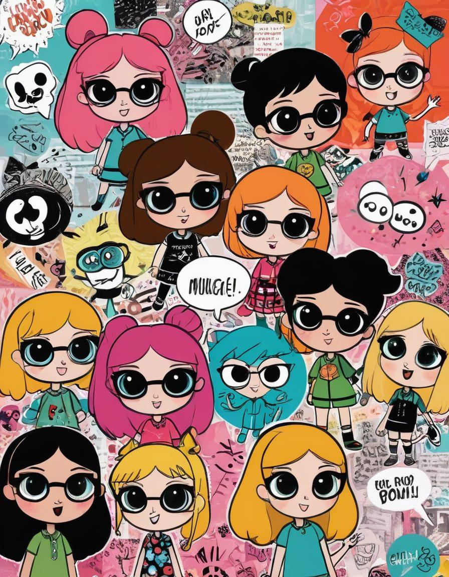 A whimsical collage featuring vibrant illustrations inspired by the Powerpuff Girls, showcasing a diverse range of comic-style diary entries with quirky characters and colorful backgrounds. Include elements like speech bubbles, doodles, and handwritten notes to convey creativity and personal expression. The scene should radiate energy and fun, inviting viewers to embrace their unique stories. super-realistic. vibrant colors. playful art style.