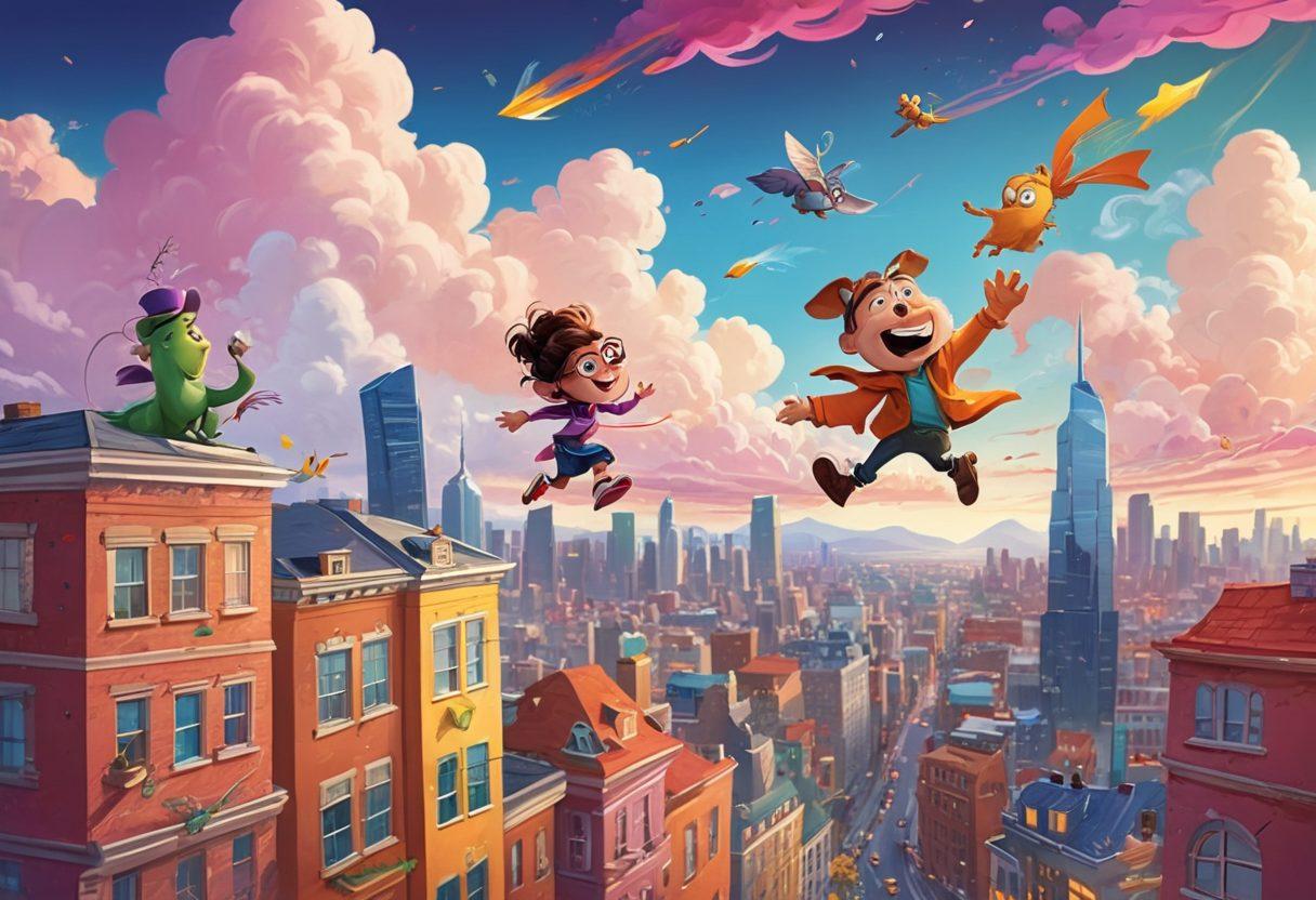 A whimsical scene featuring three powerful cartoon characters, each representing creativity, courage, and inspiration, soaring above a vibrant city skyline. The characters are drawn in a playful, colorful style, surrounded by swirling clouds of imagination and ideas. Include elements like paintbrushes, notebooks, and digital devices floating around them, symbolizing blogging and creativity. The background should be bright and inviting, evoking a sense of energy and motivation. cartoon-inspired. vibrant colors. dynamic composition.