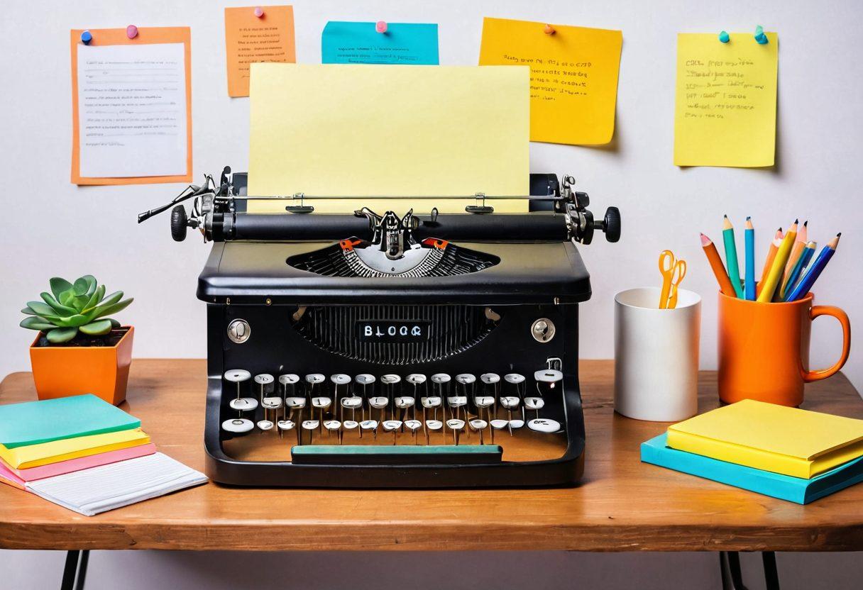 A whimsical scene combining classic animated characters with modern blogging elements, showcasing a retro-inspired desk filled with a vintage typewriter, colorful sticky notes, and a glowing laptop displaying a blog post. Surrounding the desk, playful animated characters are engaged in creative activities, such as brainstorming and typing, creating a bridge between nostalgia and innovation. Bright, vibrant colors with a touch of retro style. super-realistic. vibrant colors. white background.